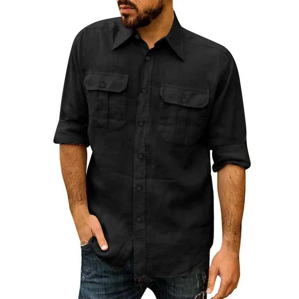 Cotton Linen Men's Classic Shirt Double Pocket Long Sleeve Casual Tops Lapel Solid Color Lightweight  Shirt Trendy Male Clothing
