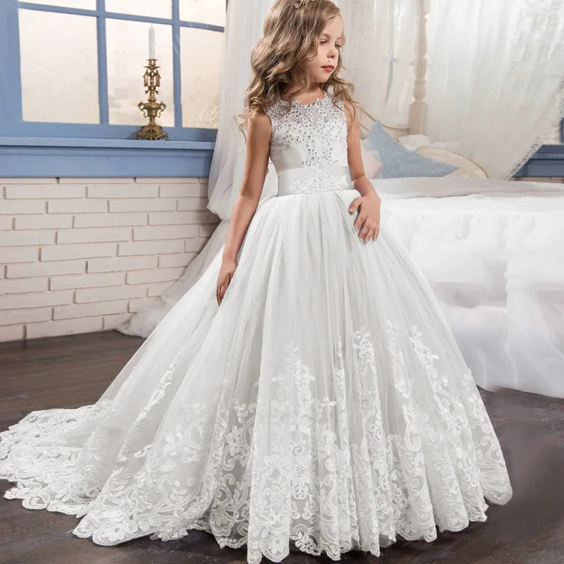 Girls' New Color-Block Lace Puffy Wedding Flower Girl Princess Dress