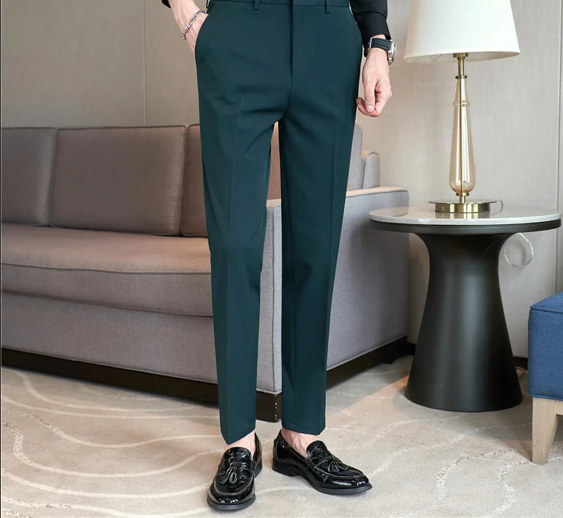 2026 Spring Autumn Men High Waist Belt Design Casual Slim Formal Dress Pant Men Social Office Wedding Party Dress Suit Pants