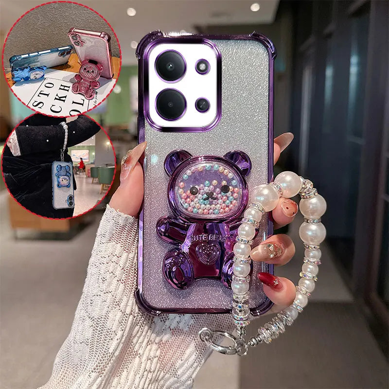 Cute Bear Cartoon Holder Pearl Lanyard Strap Shockproof Glitter Phone Case For Xiaomi Redmi 15C EUR Global Poco C85 Back Cover