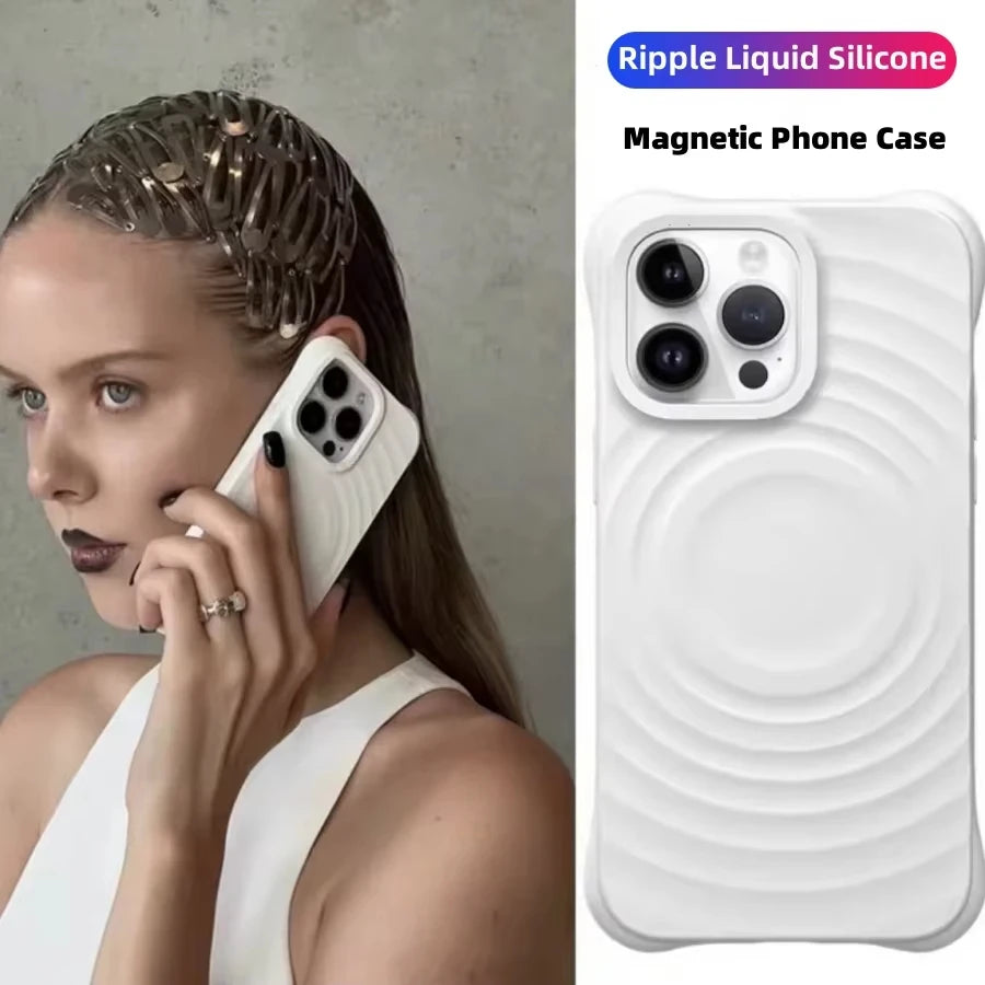 Magnetic Ripple Liquid Silicone Phone Case For iPhone 14 15 16 17 Pro Pro Max Soft Shockproof Anti‑Fingerprint Protective Cover