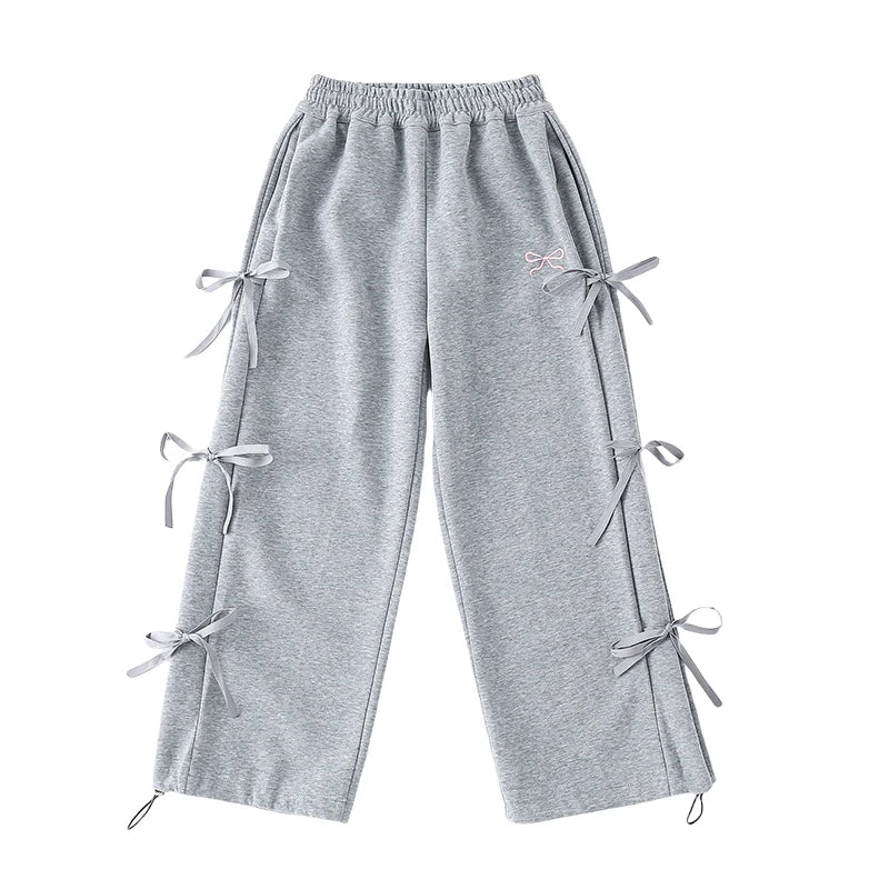 Autumn Child Cotton Sports Pants with Side Bows For Girls Grey Color Casual Trousers Teenage Kids High Street Sporty Sweatpants