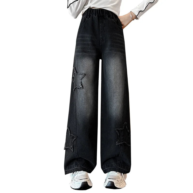 Elegant Kids Black Color Jeans For Girl Casual Street Style Denim Pants Teenager Child Fashion Straight Jeans Trousers With Star