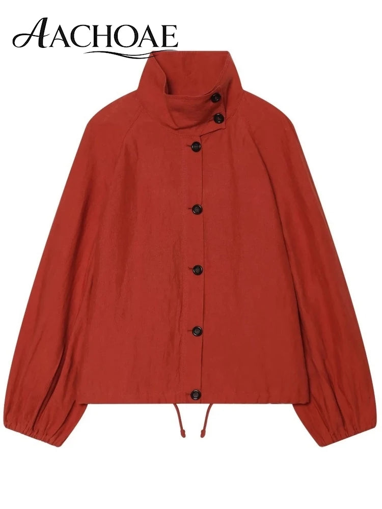 AACHOAE Women High Neck Lightweight Jacket Casual Long Sleeve Windbreaker Coat Drawstring Hem Button Front Short Outerwear