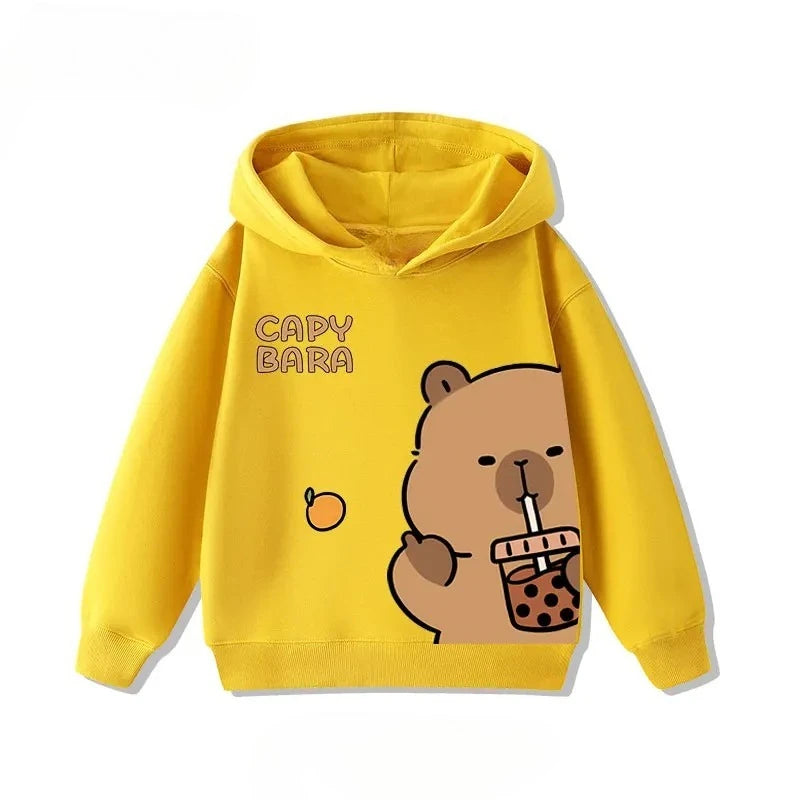 Autumn Winter Cartoon Cute Capybara Print Children's Hooded Hoodies Casual Fashionable Comfortable Boy Girl Sweatshirt Pullover