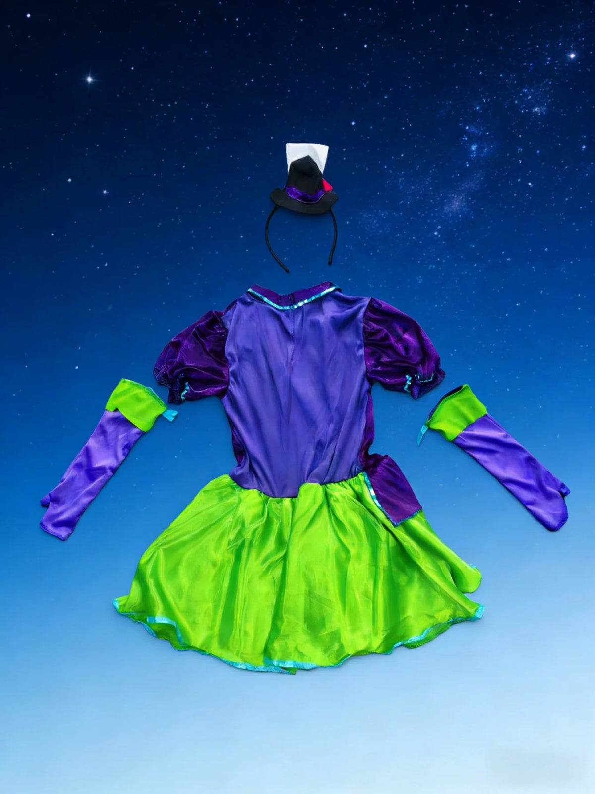 Girls Purple Green Mad Hatter Costume Dress with Hat & Gloves, Kids Halloween Party Outfit
