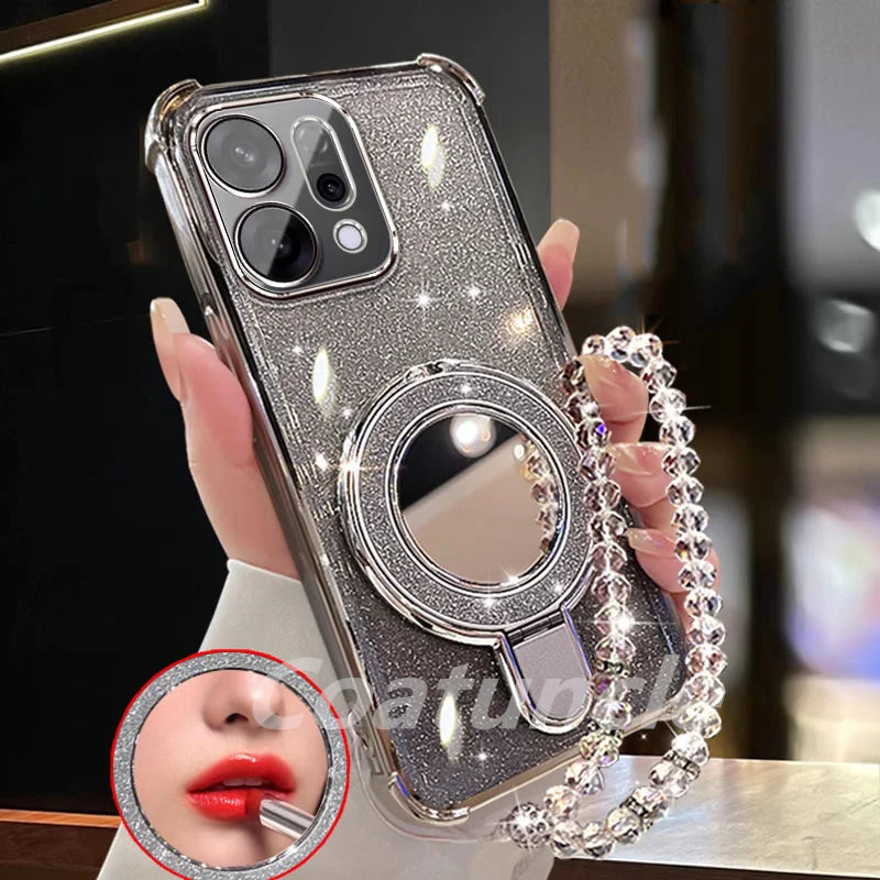 For Xiaomi Redmi 15C Note 15 Note 14 Pro Plus 14C POCO C85 5G Case Glitter Mirror Magnetic Bracket Phone Holder Bracelet Cover