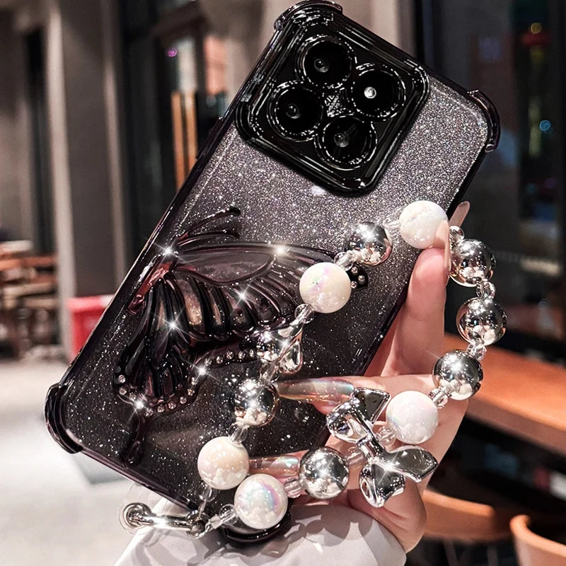Shockproof Glitter Butterfly Bracket Bracelet Case for Xiaomi Redmi 15 15C 14C 13X 13C POCO C85 C75 X7 F7 Note 14 Pro Soft Cover