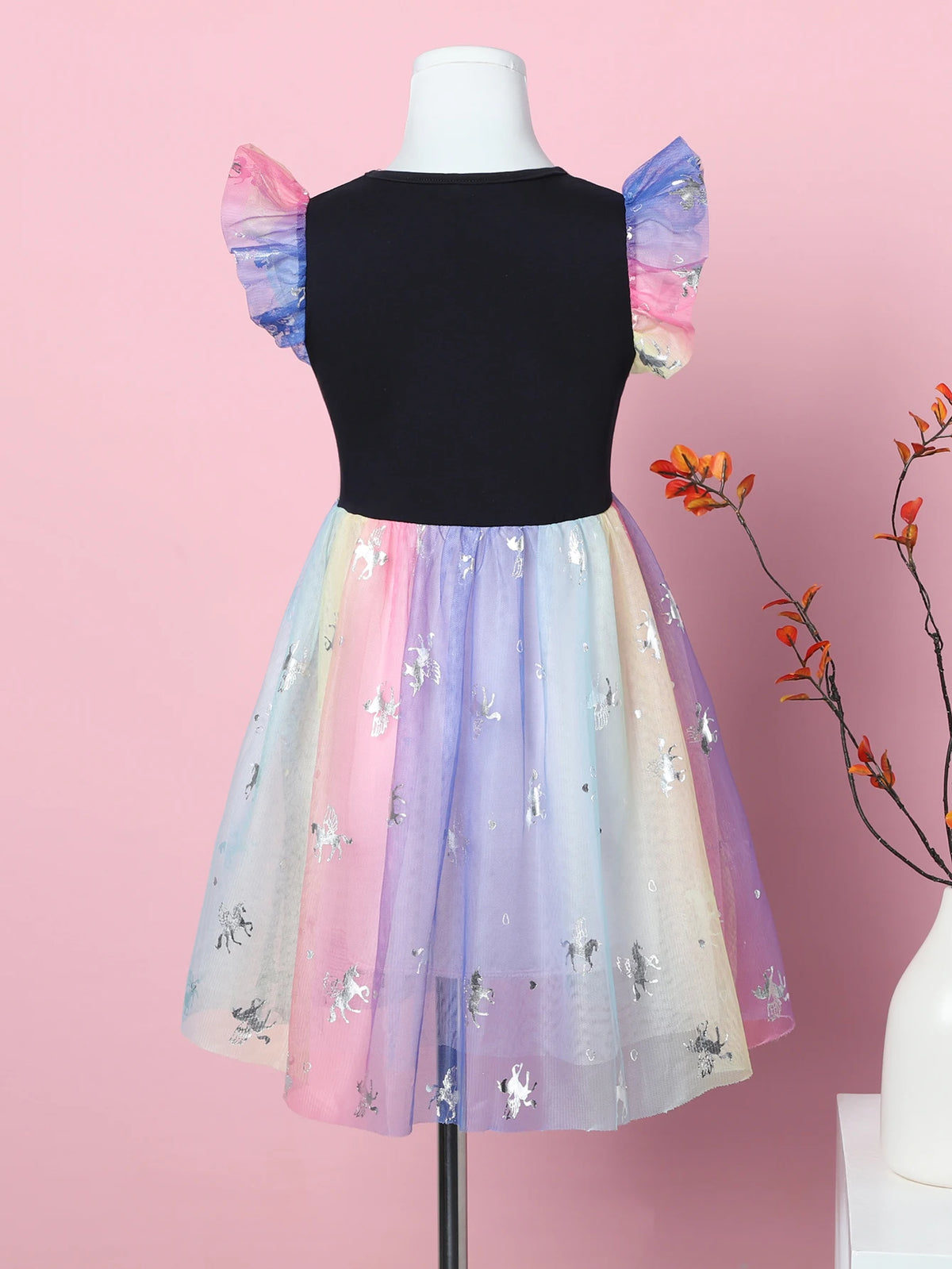 Girl's Summer Cartoon Unicorn Print Rainbow Mesh Splice Princess Birthday Party Sleeveless Dress SH1791