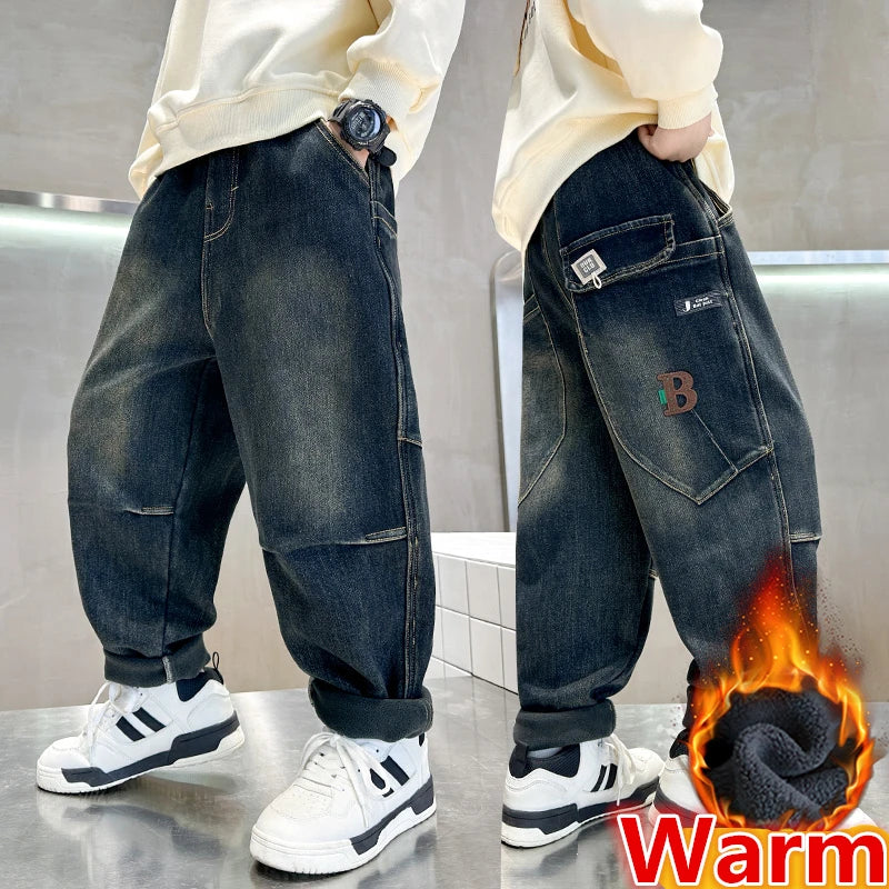Cowboy Autumn Winter Big Boy Thermal Jeans High Street Denim Pants Kids Retro Blue Warm Baggy Insulated Jeans Trousers For Kids