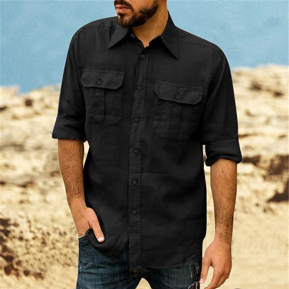 Cotton Linen Men's Classic Shirt Double Pocket Long Sleeve Casual Tops Lapel Solid Color Lightweight  Shirt Trendy Male Clothing