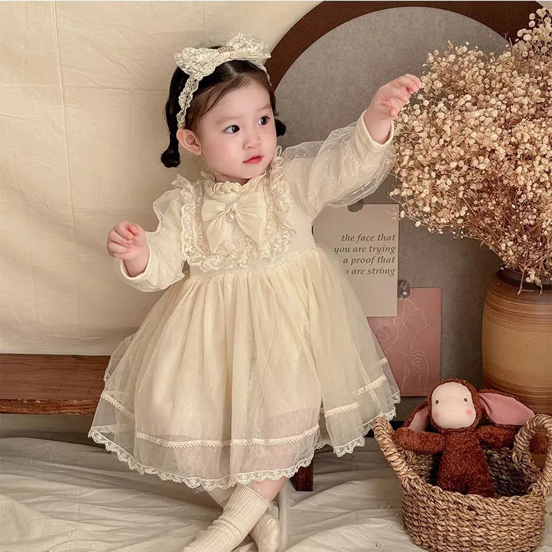Girls Spring Autumn Winter New Baby First Birthday Mesh Long Sleeve Bow Lace Princess Dress