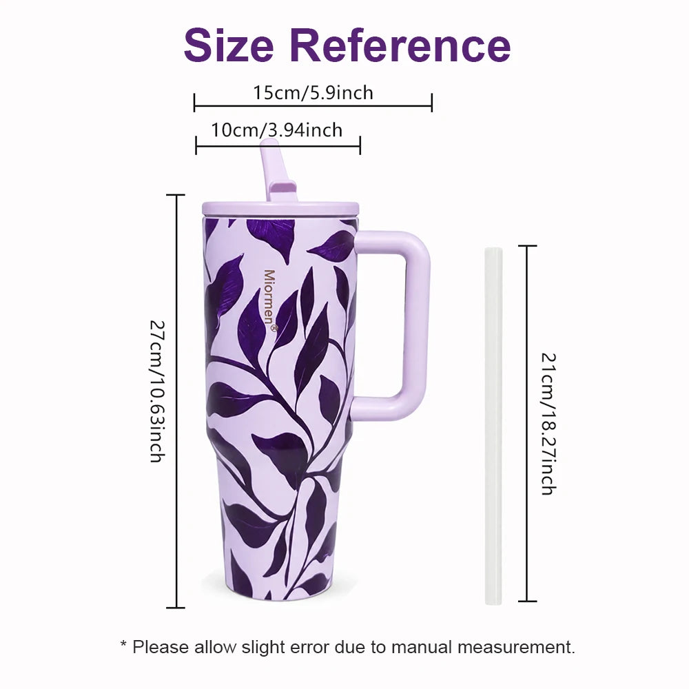 40OZ Floral Print Stainless Steel Tumbler with Handle Straw Lid Vacuum Insulated Travel Mug for Car Water Cup Keep Hot and Cold