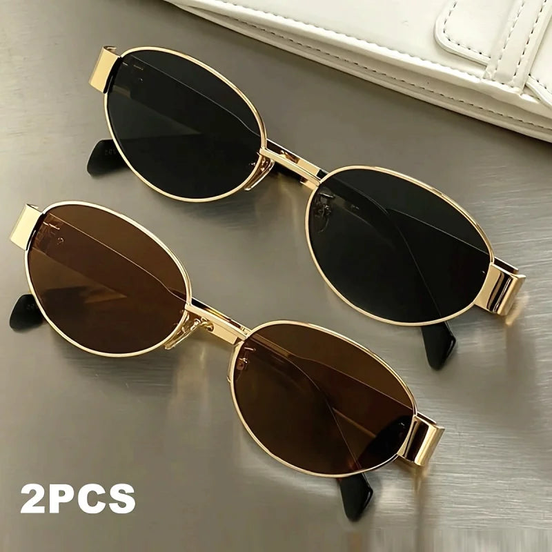 2pcs/ Oval Shape Metal Sunglasses Classic Men's Vintage Sun Glasses Women Outdoor Leisure Eyewear UV400 Ladies Shades