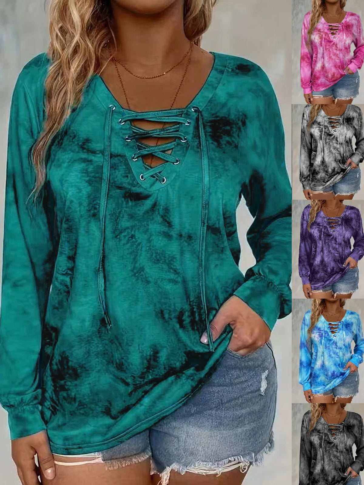 plus size women's tie dye printed long sleeved T-shirt made of polyester knitted fabric elegant lace up casual and comfortable
