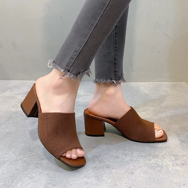 Women Sandals Slippers Luxury Summer Outdoor Casual Women Shoes Open Toe Soft High Heels Slides Black Mules Sandals Size 42