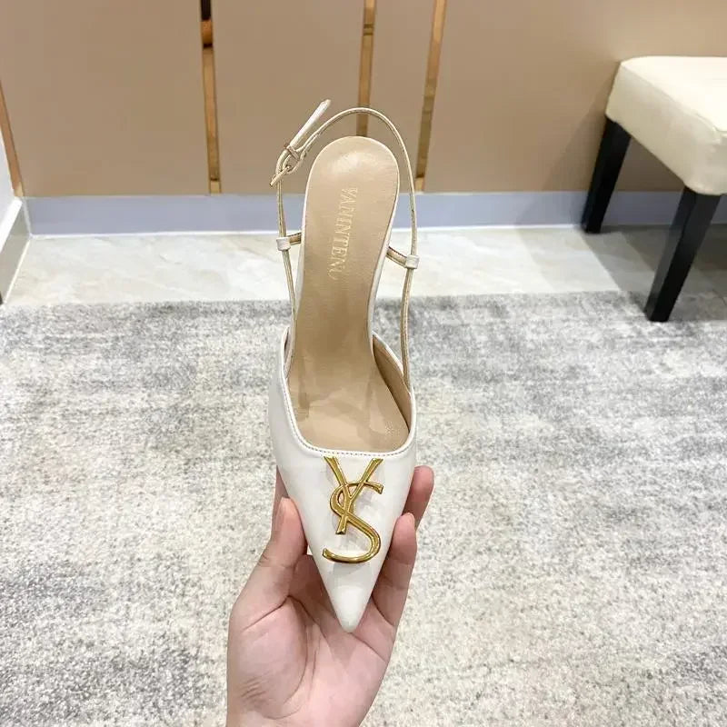 White Elegant Women's Stilettos Summer Fashion Sandals with Metal Buckle Baotou Pointed Back Design 2025 New Ladies' Shoes