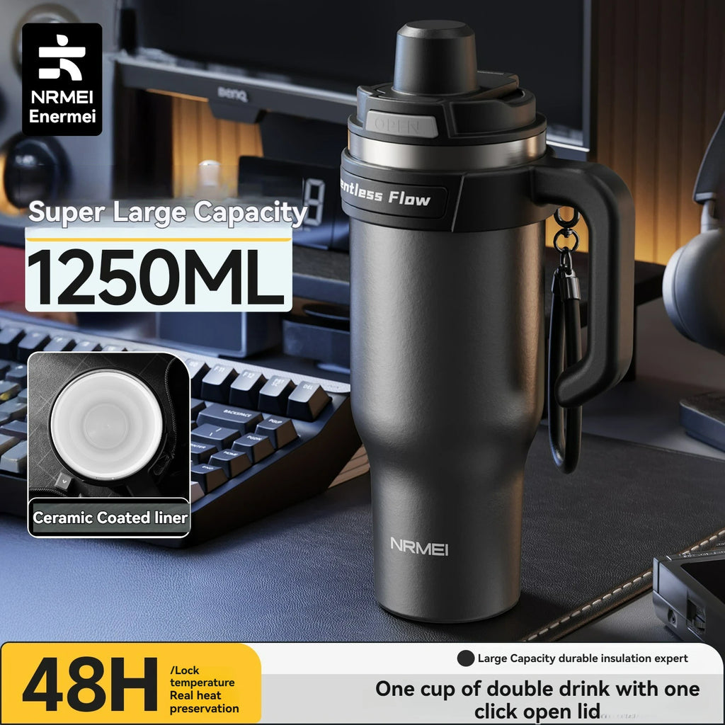 Large Tumbler Ceramic Inner with Handle Straw Cold Insulated Water Bottle Car Cup Multipurpose Fitness