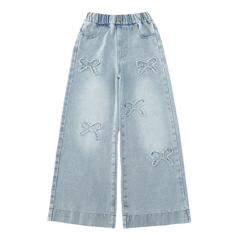 American Retro Kids Baggy Jeans with Bows For Girls Fashion Stretch Elastic Waist Denim Pants Child Wide Leg Jeans Trousers 5-14