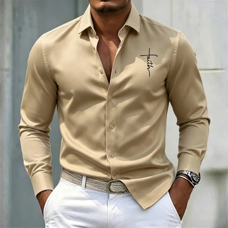 2026 new men's shirt solid color long sleeved shirt slim fit no iron business casual formal wear personalized letter printed top
