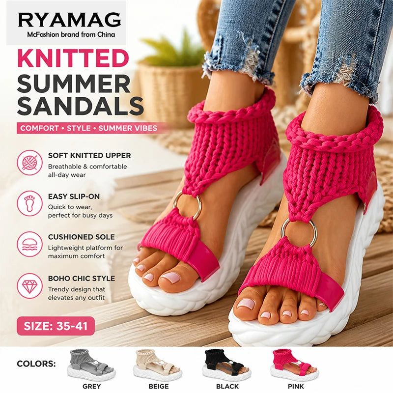 Sandals Women's Braided Knit O-Ring Cutout Platform Summer Gladiator Sandals Shoes Thick Heels Ladies White Sandalias Casual
