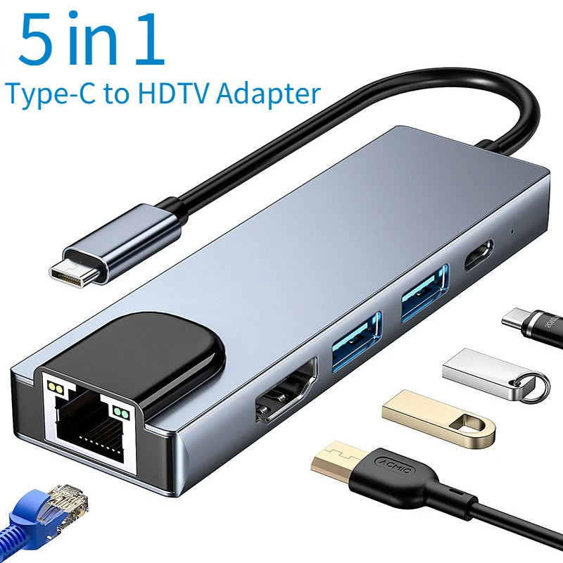 5/8Ports USB C Docking Station Type C to HDMI 4K/RJ45 100M Splitter USB3.0 5Gbps High Speed USB C HUB Adapter For Laptop Macbook