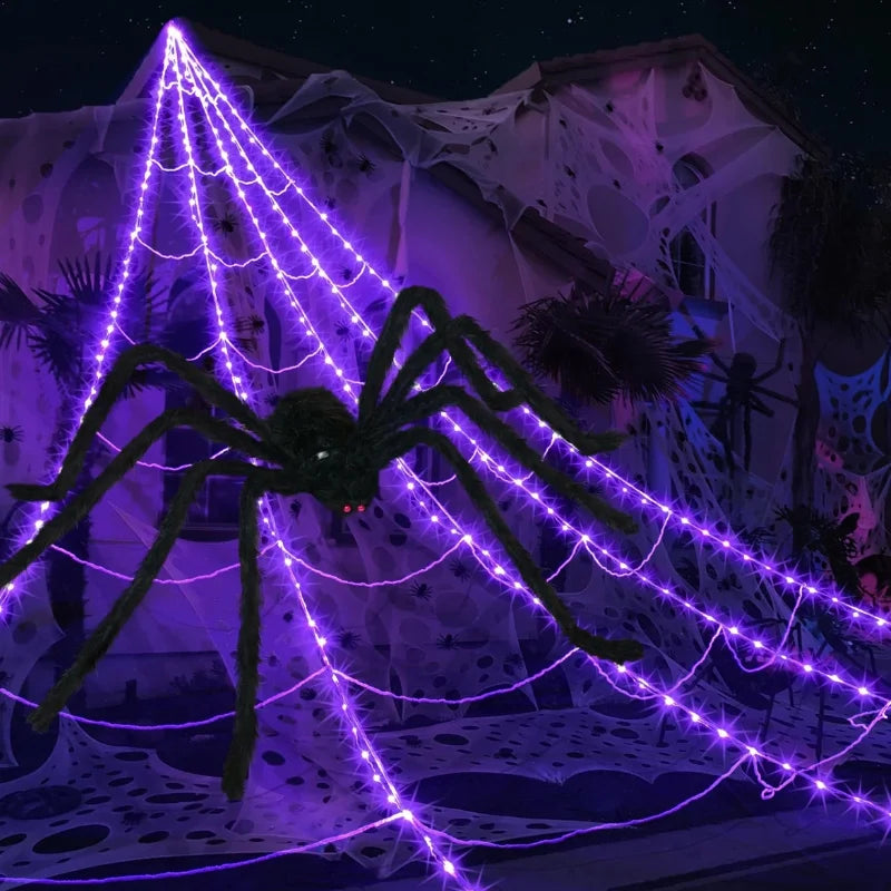 250/455 LED 8 Modes Halloween Spider Web Lights with 150/200/500cm Scary Spider Waterproof Spider Net Party Decoration