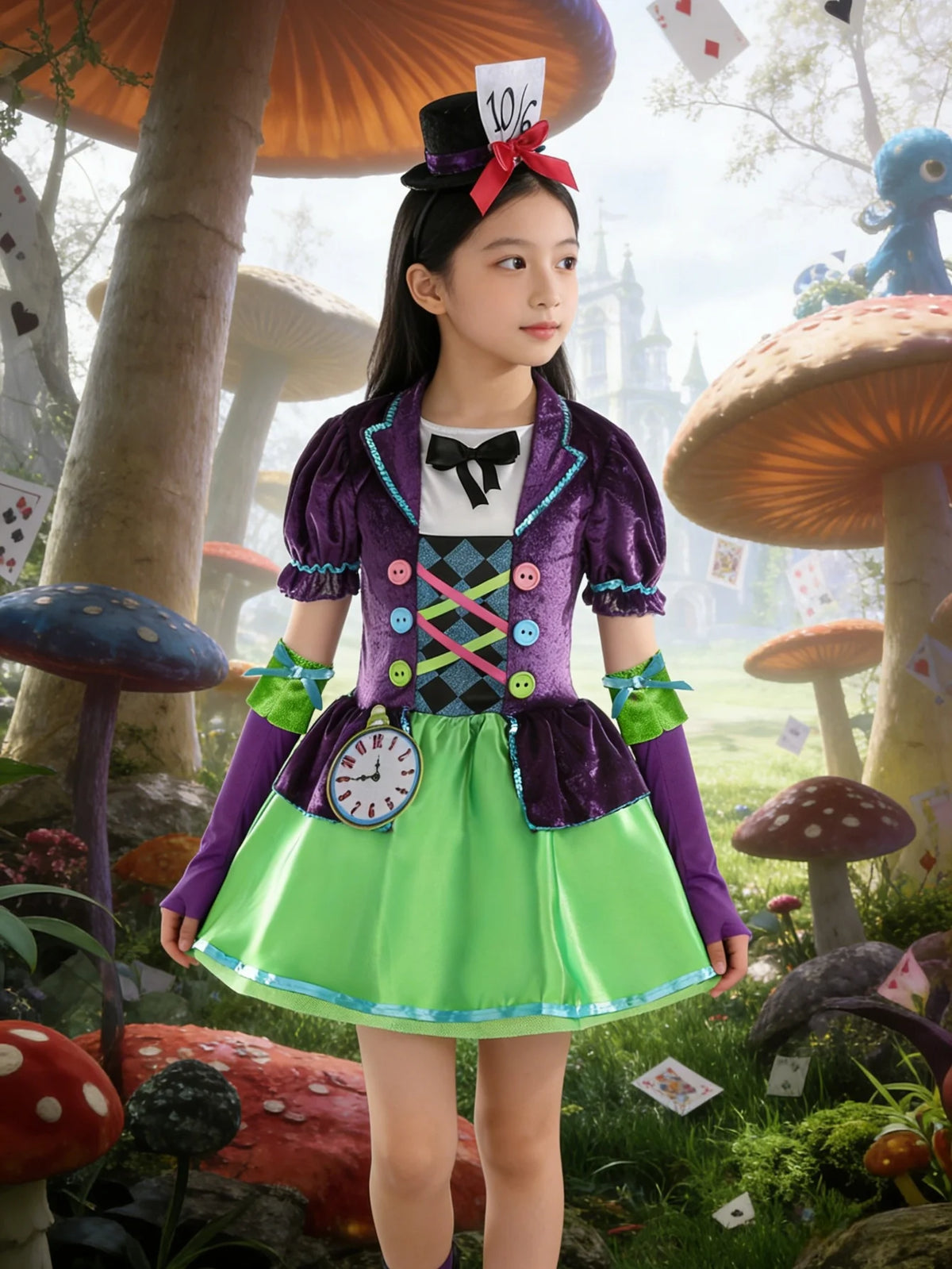 Girls Purple Green Mad Hatter Costume Dress with Hat & Gloves, Kids Halloween Party Outfit