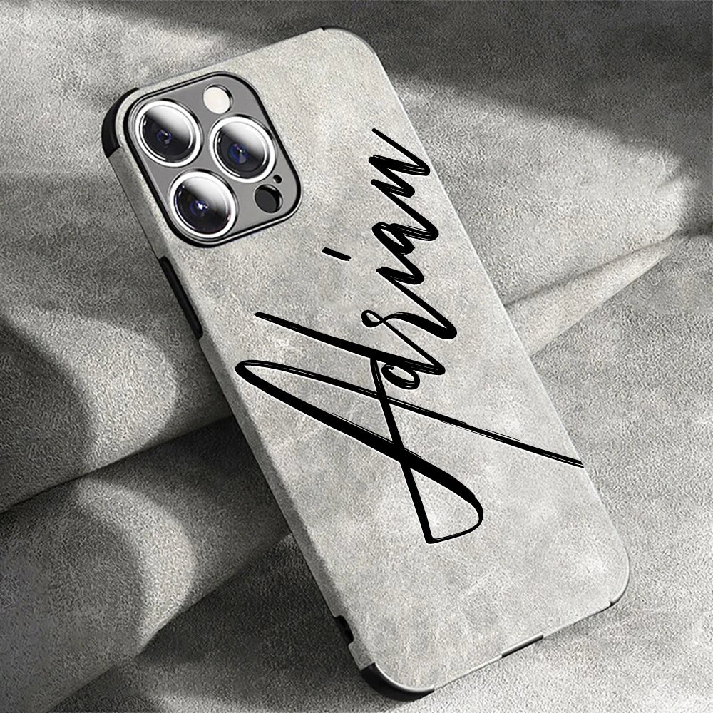 Large Brush Calligraphy Name Customized Phone Case For iPhone18 16 15 14 13 12 11ProMax Lambskin Faux Leather Shockproof Cover