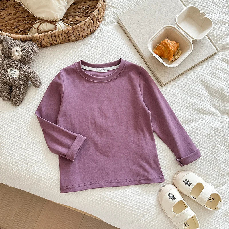 6 Colors Autumn Long Sleeve Tees Children's T-shirt Cotton Solid Color Base Coat Leisure Wear Boys Girls Tops Kids Clothes