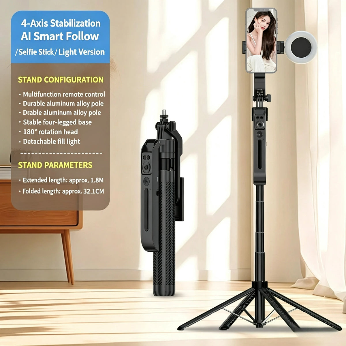 1.8m Selfie Stick Extendable Wireless Bluetooth Remote Portable Smartphone Tripod Stand Mount For iOS Android Phone