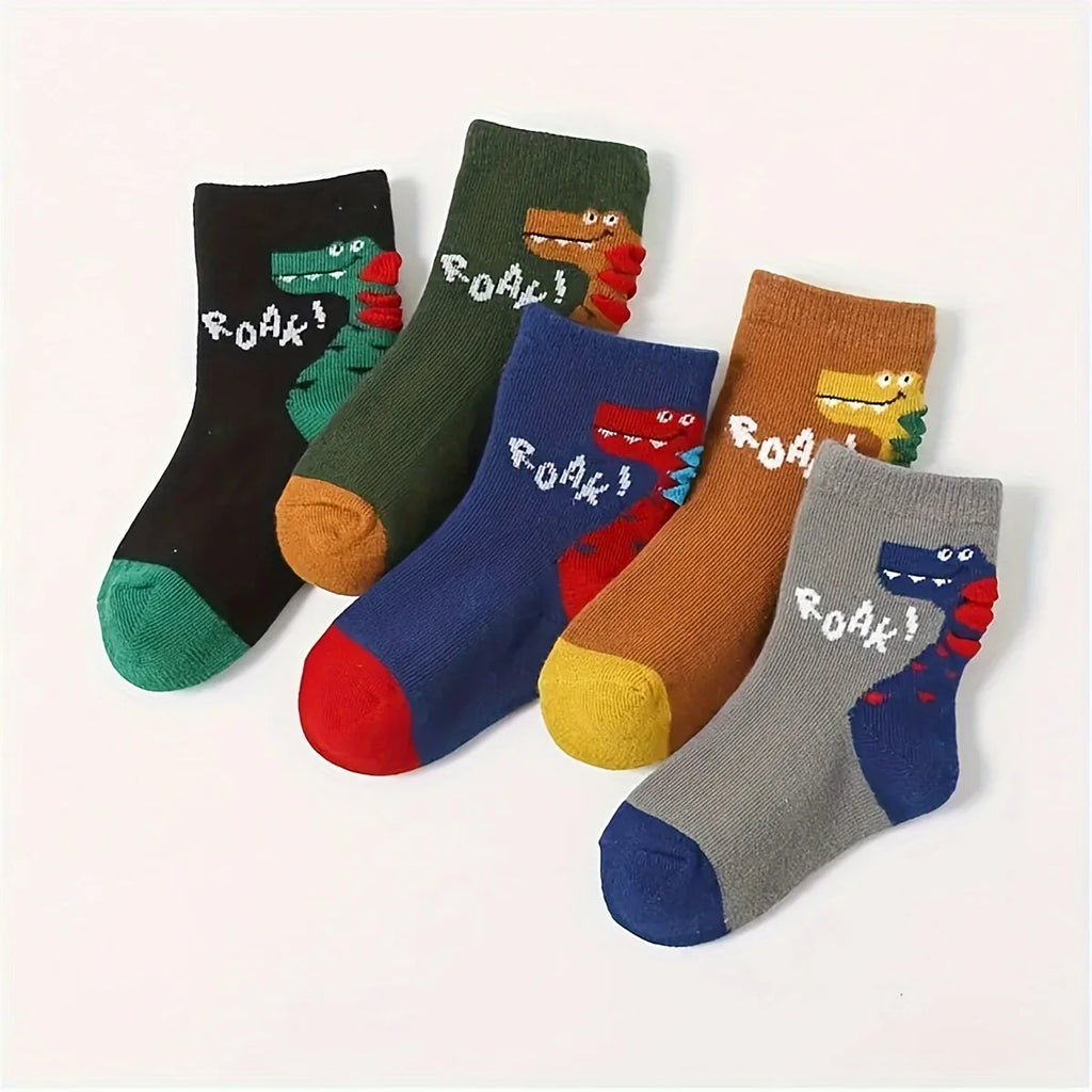 5 pairs of cute cartoon dinosaur patterned socks for boys and children, breathable, comfortable, high elasticity, sweat absorpti