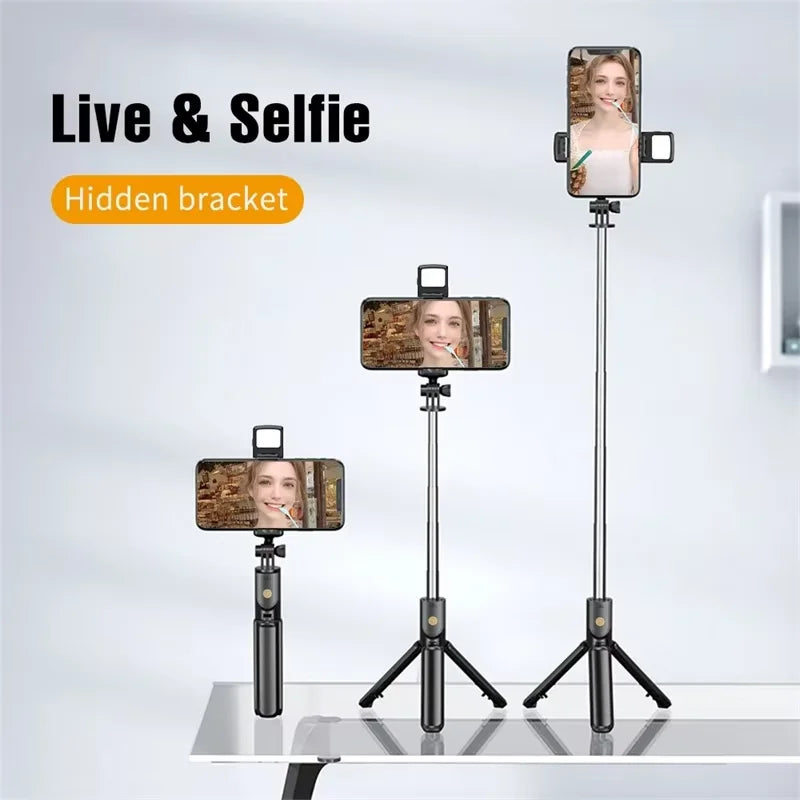 Wireless Selfie Stick with Tripod and Light, Bluetooth Remote Control, Extendable Tripod for iPhone and Mobile Phones, Ideal for