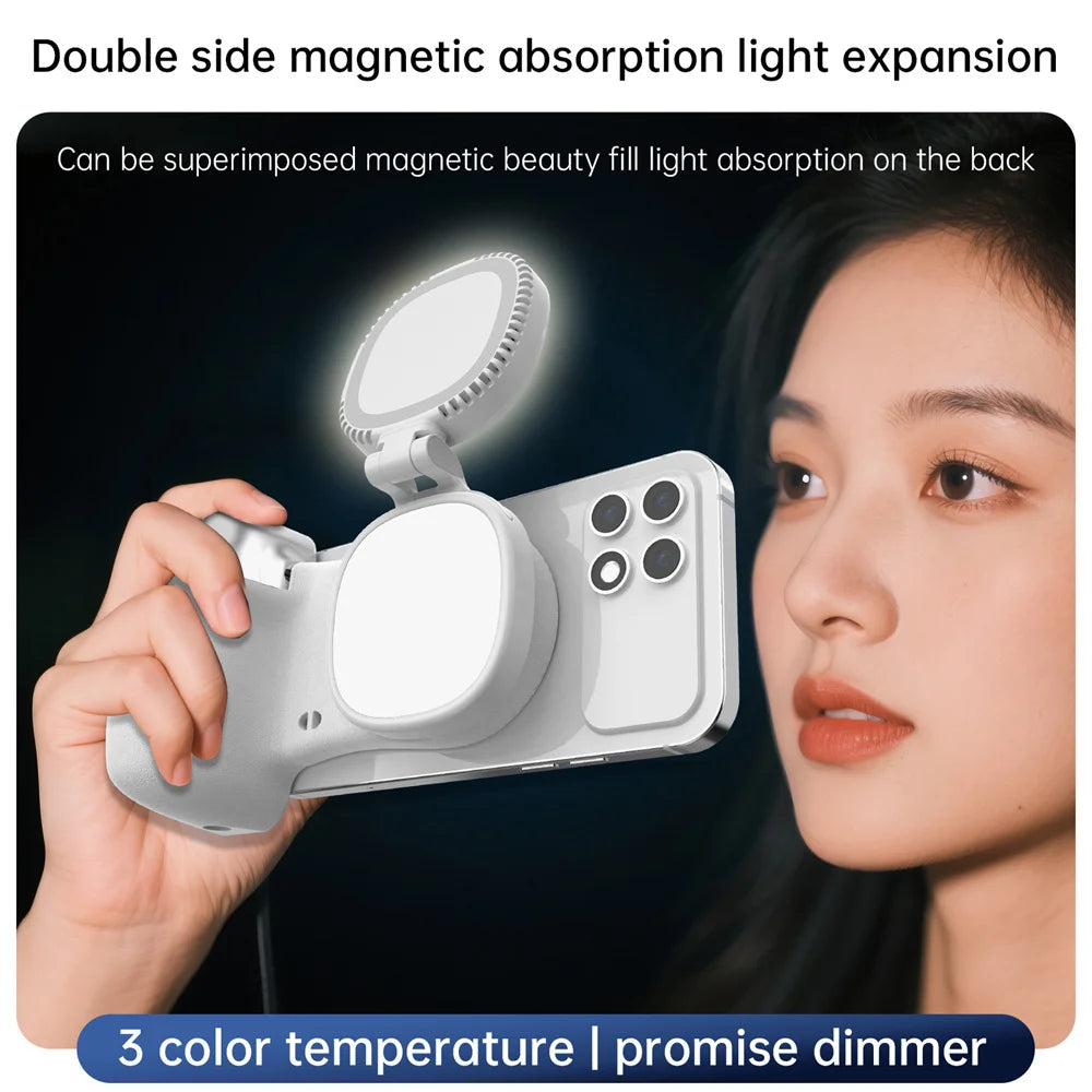 360 Rotation Magnetic Camera Grip w Fill Light for MagSafe iPhone Shutter Bluetooth Remote Control Selfie Handle Stabilizer
