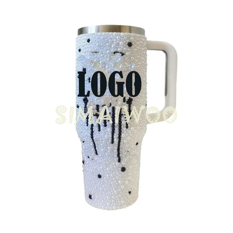 Logo Custmizable Tumbler DIY Rhinestone Ice Drink Bottle Double Layer Vacuum Thermal Insulation Handle Cup Pearl Bead Bling Gift