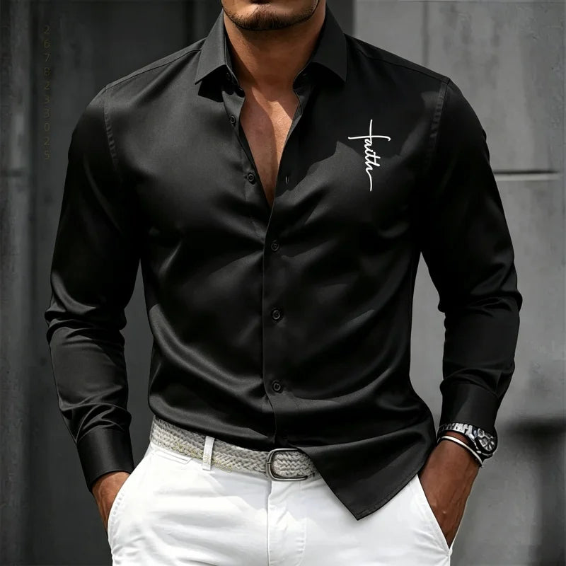 2026 new men's shirt solid color long sleeved shirt slim fit no iron business casual formal wear personalized letter printed top