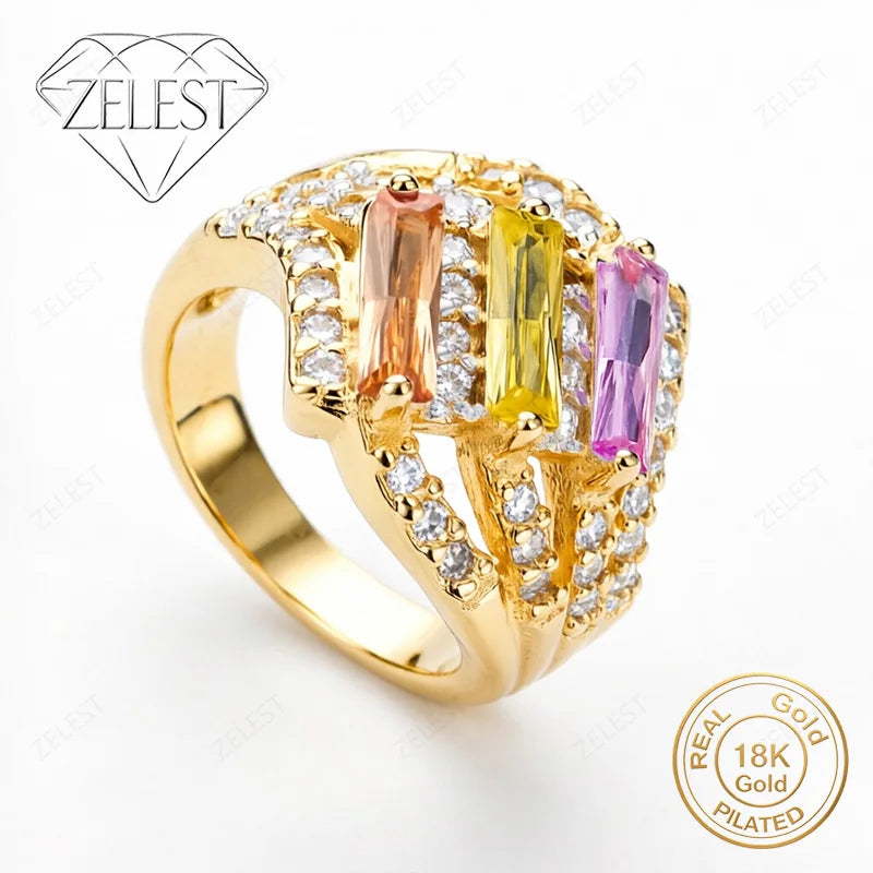 18K Gold Plated  Luxury Exquisite Three-Row Colored Zircon Ring for Women, Fashionable Party Gift Jewelry