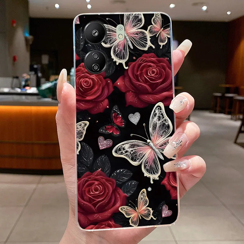 Case For Xiaomi Redmi 13C Poco C65 4G Capa Flower Butterfly Phone Casing Redmi13C Poco M6 5G Soft Silicone Transparent TPU Cover