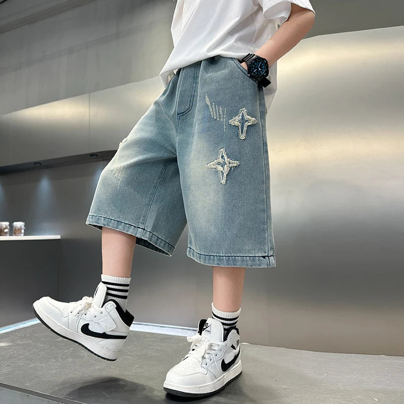 2025 Summer New Arrival Fashion Boys Denim Shorts with Star Pattern Children's Casual Cropped Jeans Pants Kids 5-14 Years Old
