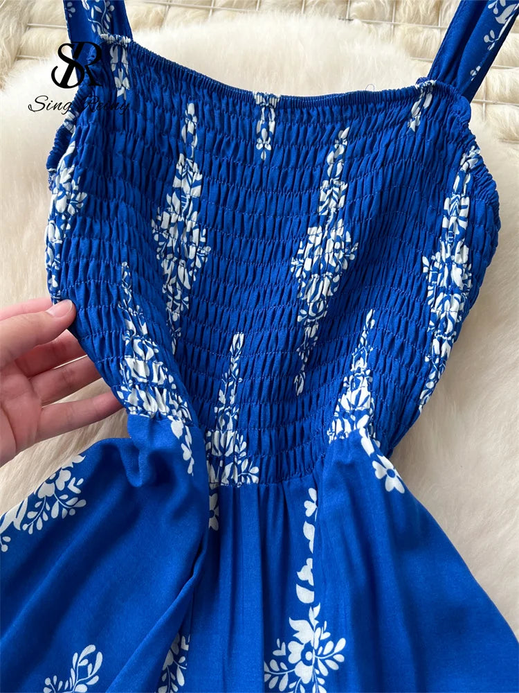 SINGREINY Vintage Print Long Jumpsuits Female Strap Sleeveless Ruched Elastic Slim Backless Summer Floral Retro Beach Rompers