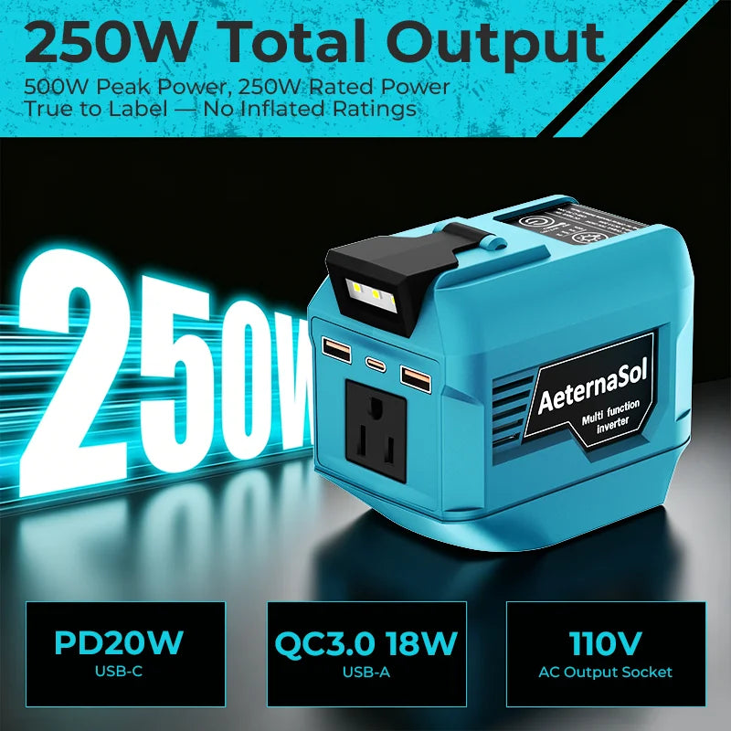 (US Stock 2-5 Days) AeternaSol 250W Power Inverter For Makita 18V LXT Battery BL1830 BL1850 BL1860 Portable Power Station 110V AC 500W Peak Surge QC3.0 USB 20W PD 20W Type-C LED Work Light Camping Outdoor Night Fishing Job Si