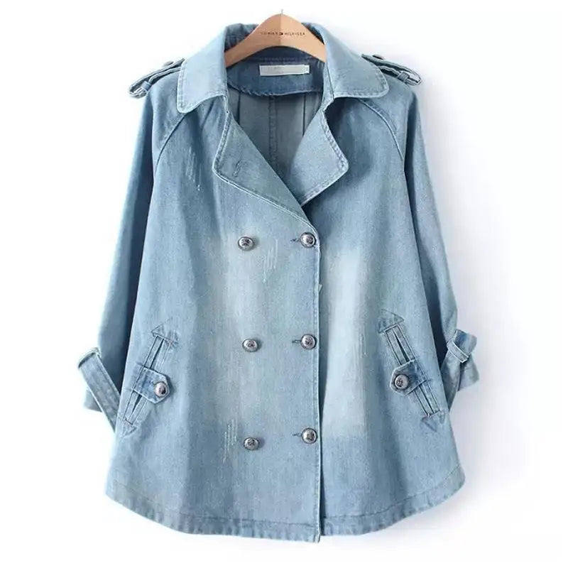 Denim Cape Coat Female Jacket Double Breasted Jackets Women Office Lady Windbreaker Denim Basic Coats Autumn Overcoat