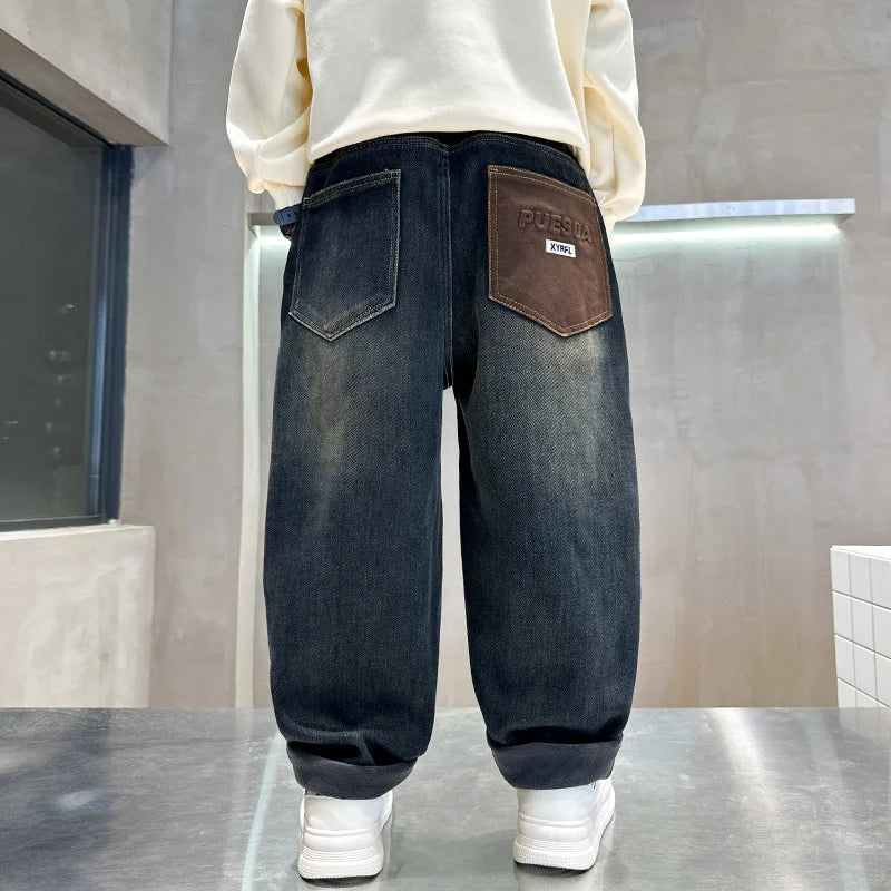 Retro Dark Blue Winter Warm Jeans For Teens Boy Classic Thickened Insulated Denim Pants Child Thermal Jeans Trousers For Kids