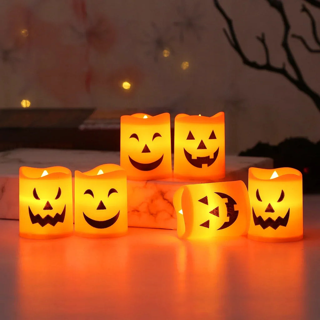 6Pcs LED Candle Light Battery Powered Pumpkin Skull Ghost Spooky Light Halloween Party Decora Ambiance Electronic Candle Lights