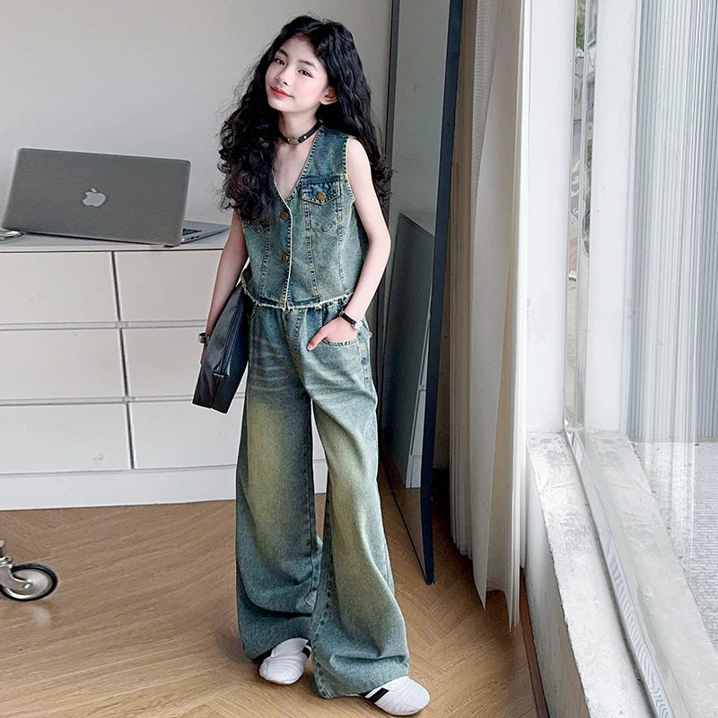 High Fashion Child Streetwear Jeans Set for Girls Casual Denim 2 Pieces Suit Outfits Kids Trendy Y2K Hip Hop Street Clothing Set