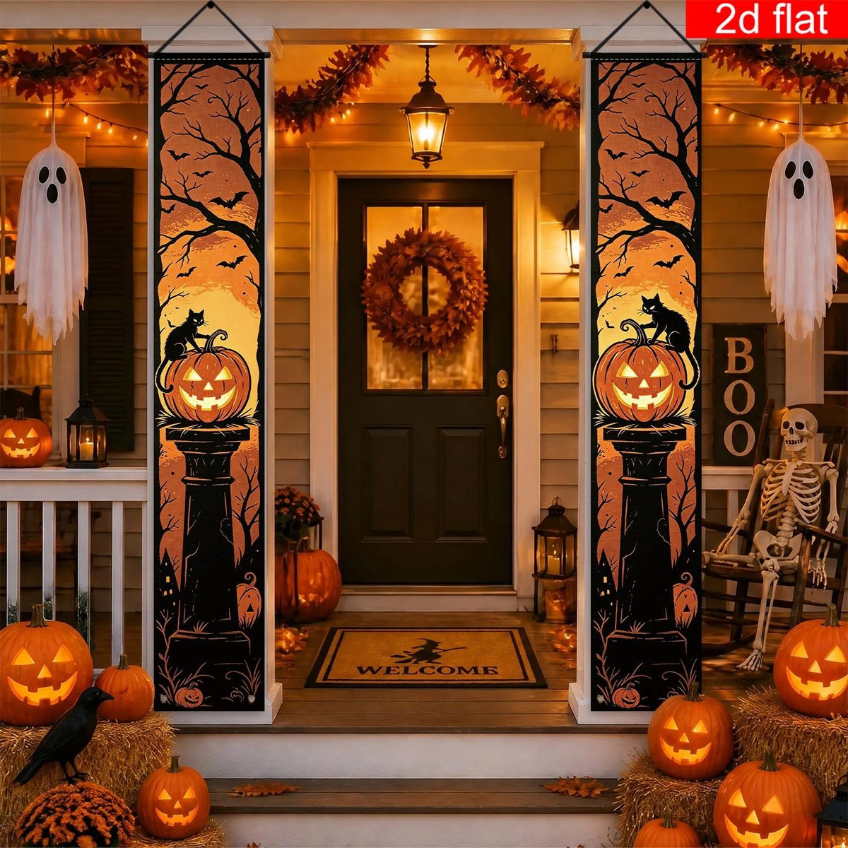 Halloween Door Banner Black Cat Pumpkin Tombstone Porch Sign Spooky Bat Tree Hanging Curtain Front Porch Horror Party Wall Decor