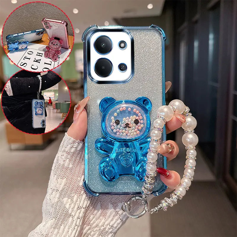 Cute Bear Cartoon Holder Pearl Lanyard Strap Shockproof Glitter Phone Case For Xiaomi Redmi 15C EUR Global Poco C85 Back Cover