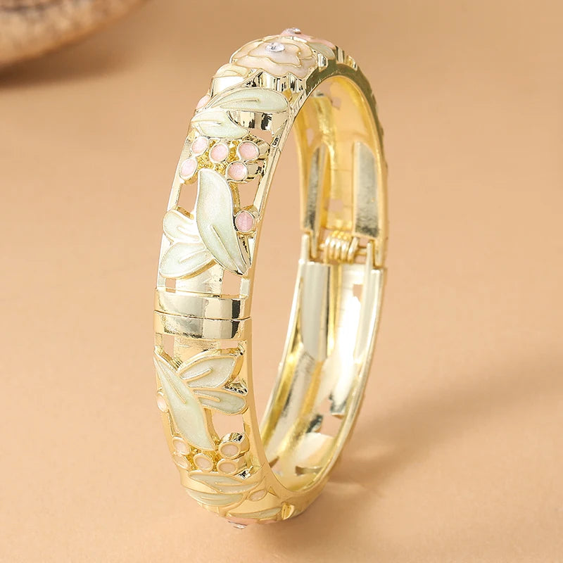 Jardme Rose Flower Enamel Bracelets For Women Ethnic Style Gold Plated Hollow Cloisonne Bangles Women's Jewelry Accessories