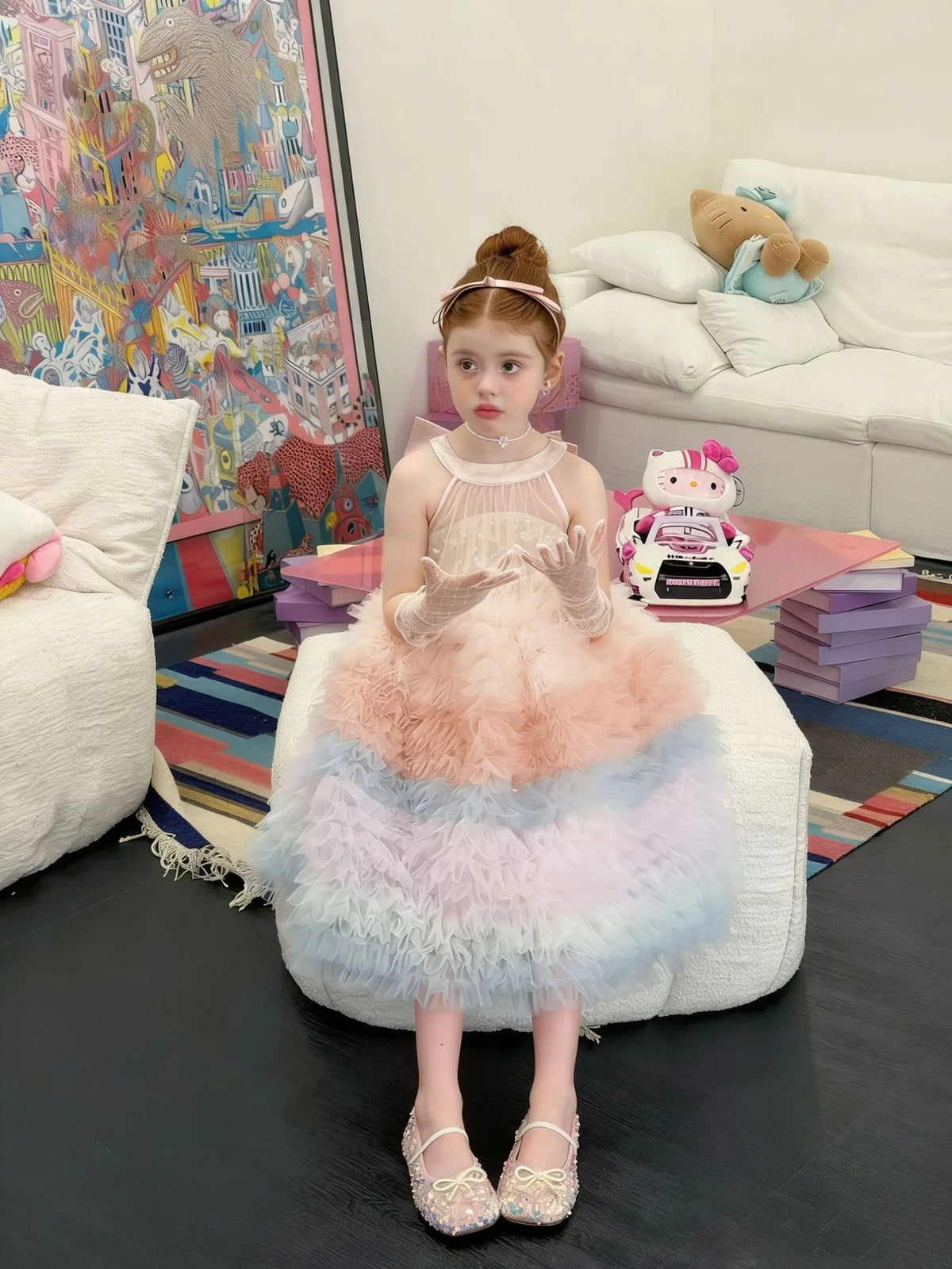 2025Girls' Spring, Summer and Autumn New Korean-Style Gradient Heavy Industry Cake Sequined Flower Puffy Dress