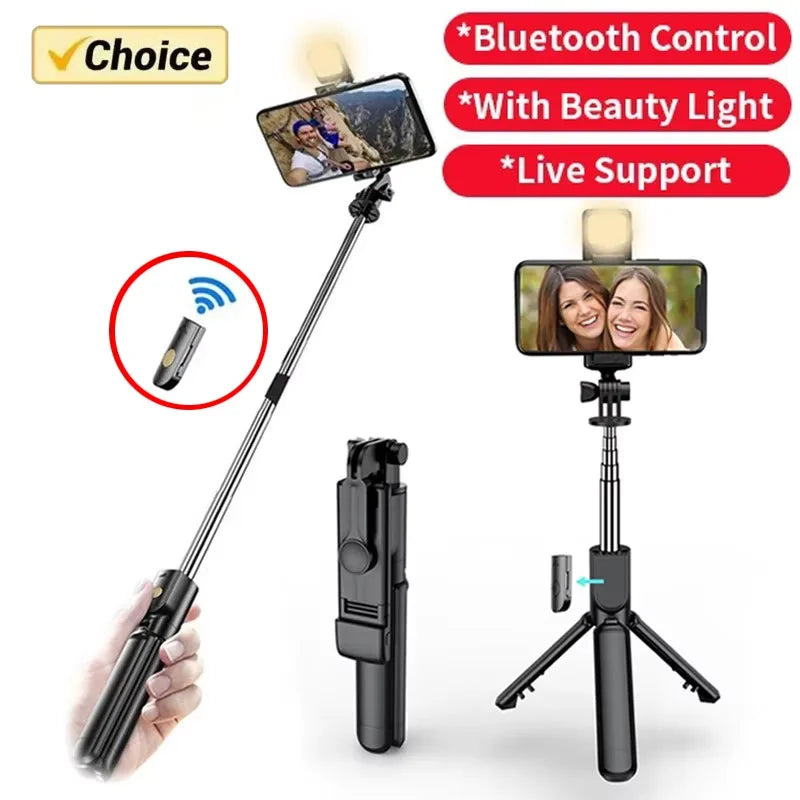 Wireless Selfie Stick with Tripod and Light, Bluetooth Remote Control, Extendable Tripod for iPhone and Mobile Phones, Ideal for